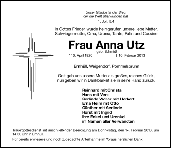 Traueranzeige von Anna Utz von Hersbrucker Zeitung