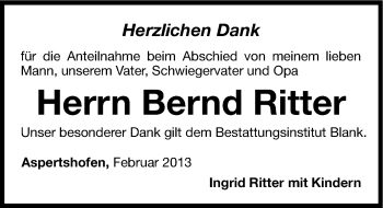 Traueranzeige von Bernd Ritter von Hersbrucker Zeitung