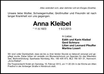 Traueranzeige von Anna Kleibel von Hersbrucker Zeitung