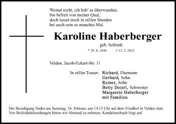Traueranzeige von Karoline Haberberger von Hersbrucker Zeitung