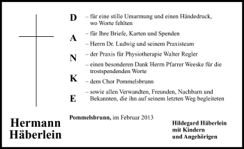 Traueranzeige von Hermann Häberlein von Hersbrucker Zeitung