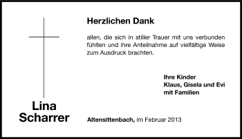 Traueranzeige von Lina Scharrer von Hersbrucker Zeitung
