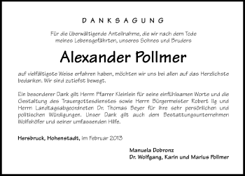 Traueranzeige von Alexander Pollmer von Hersbrucker Zeitung