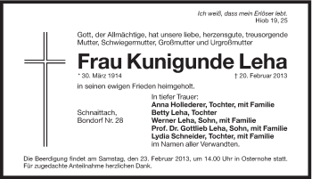 Traueranzeige von Kunigunde Leha von Hersbrucker Zeitung
