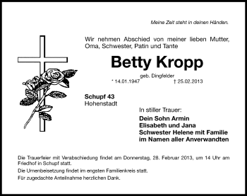 Traueranzeige von Betty Kropp von Hersbrucker Zeitung