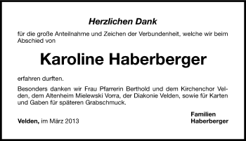 Traueranzeige von Karoline Haberberger von Hersbrucker Zeitung