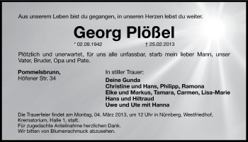 Traueranzeige von Georg Plößel von Hersbrucker Zeitung