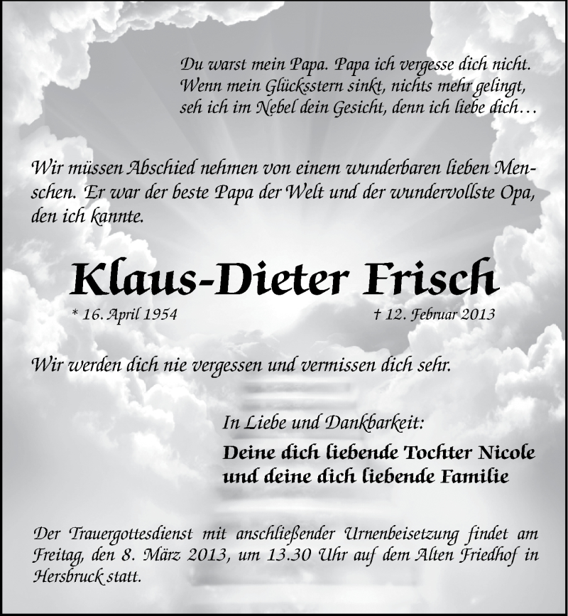  Traueranzeige für Klaus-Dieter Frisch vom 06.03.2013 aus Hersbrucker Zeitung