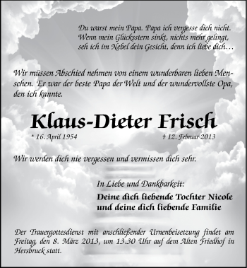Traueranzeige von Klaus-Dieter Frisch von Hersbrucker Zeitung