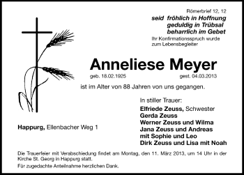 Traueranzeige von Anneliese Meyer von Hersbrucker Zeitung