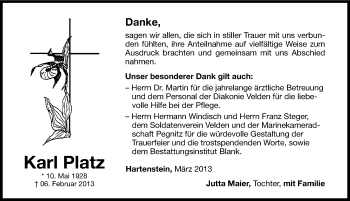 Traueranzeige von Karl Platz von Hersbrucker Zeitung