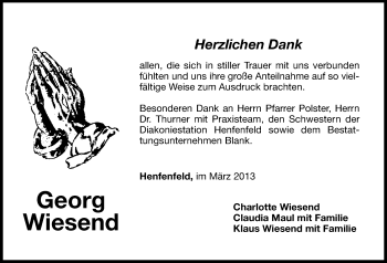 Traueranzeige von Georg Wiesend von Hersbrucker Zeitung