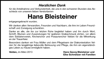 Traueranzeige von Hans Bleisteiner von Hersbrucker Zeitung