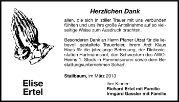 Traueranzeige von Elise Ertel von Hersbrucker Zeitung