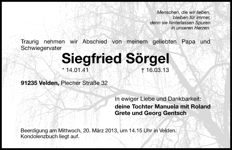  Traueranzeige für Siegfried Sörgel vom 19.03.2013 aus Hersbrucker Zeitung