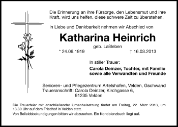 Traueranzeige von Katharina Heinrich von Hersbrucker Zeitung