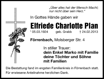 Traueranzeige von Elfriede Charlotte Plan von Hersbrucker Zeitung