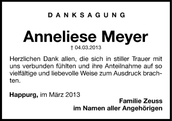 Traueranzeige von Anneliese Meyer von Hersbrucker Zeitung