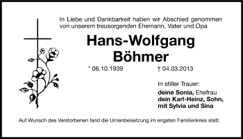 Traueranzeige von Hans-Wolfgang Böhmer von Hersbrucker Zeitung
