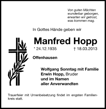 Traueranzeige von Manfred Hopp von Hersbrucker Zeitung