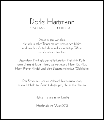 Traueranzeige von Dorle Hartmann von Hersbrucker Zeitung