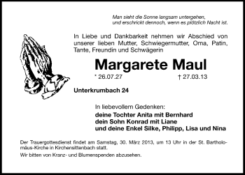 Traueranzeige von Margarete Maul von Hersbrucker Zeitung