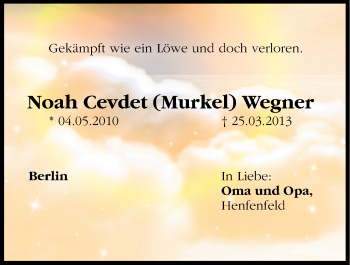 Traueranzeige von Noah Cevdet Wegner von Hersbrucker Zeitung