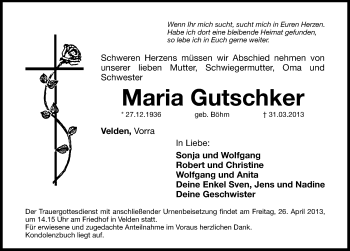 Traueranzeige von Maria Gutschker von Hersbrucker Zeitung