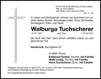 Traueranzeige von Walburga Tuchscherer von Hersbrucker Zeitung