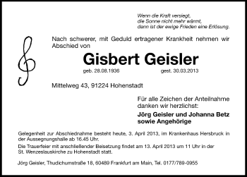 Traueranzeige von Gisbert Geisler von Hersbrucker Zeitung