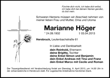 Traueranzeige von Marianne Höger von Hersbrucker Zeitung