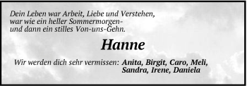 Traueranzeige von Hanne  von Hersbrucker Zeitung