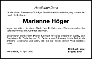 Traueranzeige von Marianne Höger von Hersbrucker Zeitung