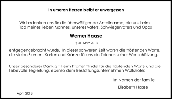 Traueranzeige von Werner Haase von Hersbrucker Zeitung
