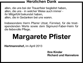 Traueranzeige von Margarete Pfister von Hersbrucker Zeitung
