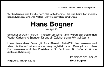Traueranzeige von Hans Bogner von Hersbrucker Zeitung