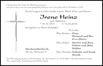 Traueranzeige von Irene Heinz von Hersbrucker Zeitung