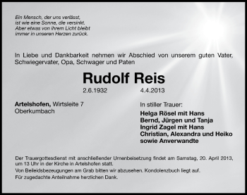 Traueranzeige von Rudolf Reis von Hersbrucker Zeitung