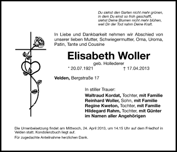 Traueranzeige von Elisabeth Woller von Hersbrucker Zeitung