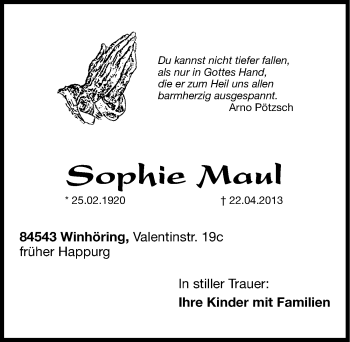 Traueranzeige von Sophie Maul von Hersbrucker Zeitung