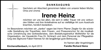 Traueranzeige von Irene Heinz von Hersbrucker Zeitung