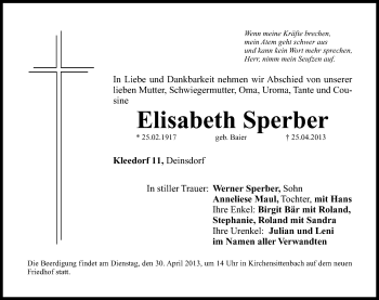 Traueranzeige von Elisabeth Sperber von Hersbrucker Zeitung