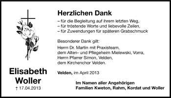 Traueranzeige von Elisabeth Woller von Hersbrucker Zeitung