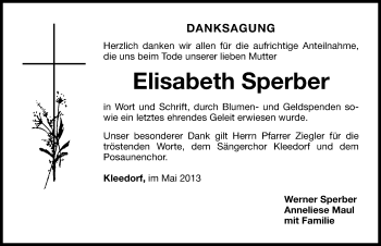 Traueranzeige von Elisabeth Sperber von Hersbrucker Zeitung