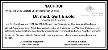 Traueranzeige von Gert Eisold von Hersbrucker Zeitung