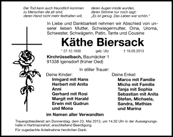Traueranzeige von Käthe Biersack von Hersbrucker Zeitung