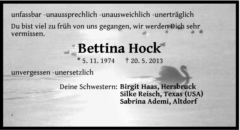  Traueranzeige für Bettina Hock vom 25.05.2013 aus Hersbrucker Zeitung