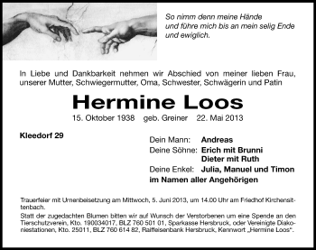 Traueranzeige von Hermine Loos von Hersbrucker Zeitung