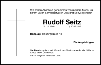 Traueranzeige von Rudolf Seitz von Hersbrucker Zeitung