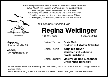 Traueranzeige von Regina Weidinger von Hersbrucker Zeitung